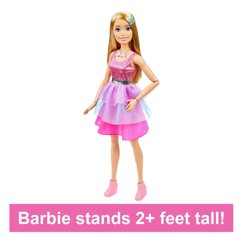 Enorme Muñeca Barbie Grande 71 Cm Cabello Rubio Vestido Rosa