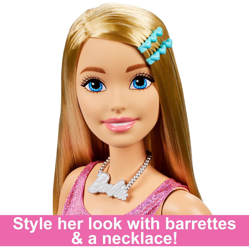 Enorme Muñeca Barbie Grande 71 Cm Cabello Rubio Vestido Rosa